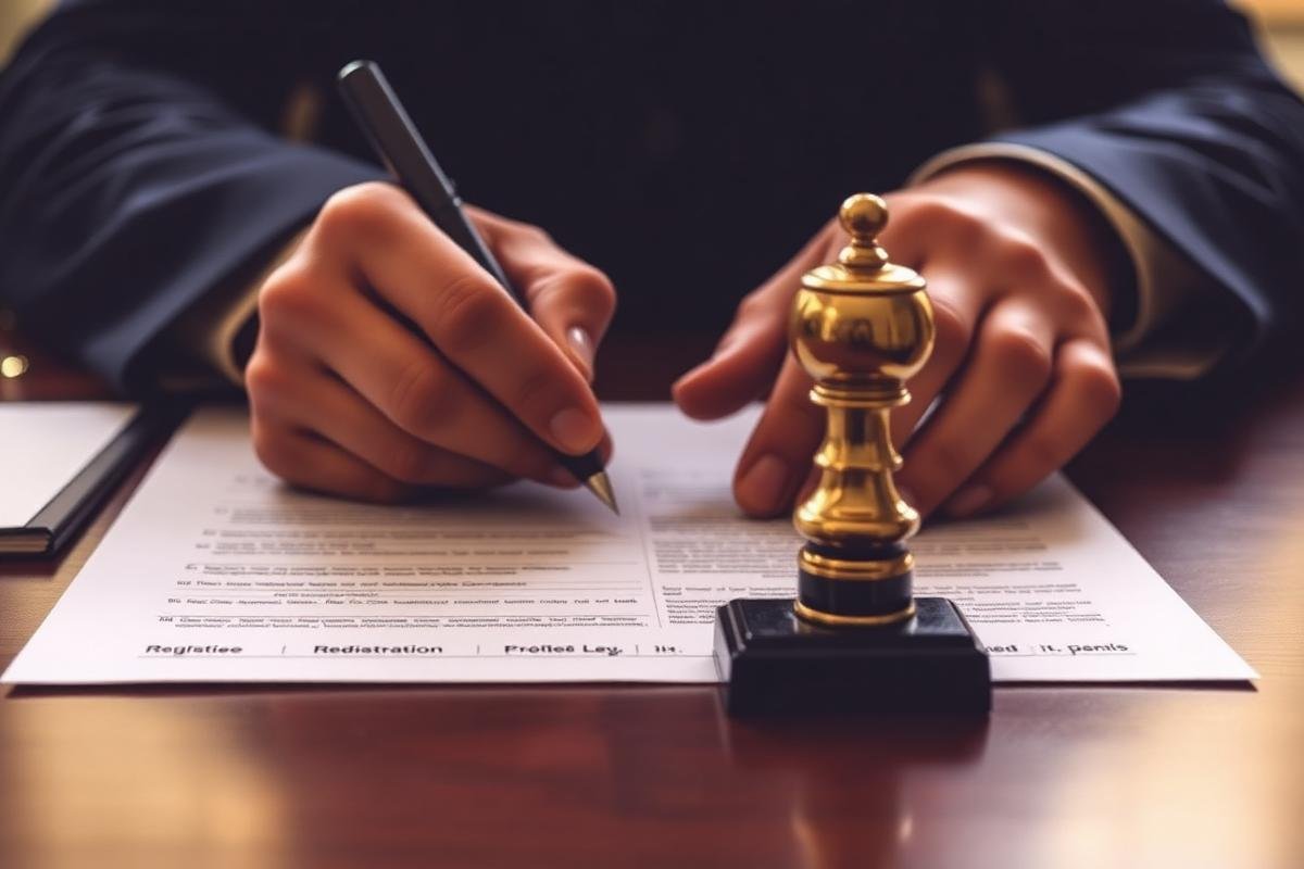 A person signing a registration document with an official stamp