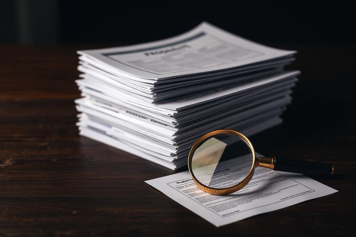 Property documents and a magnifying glass on a desk