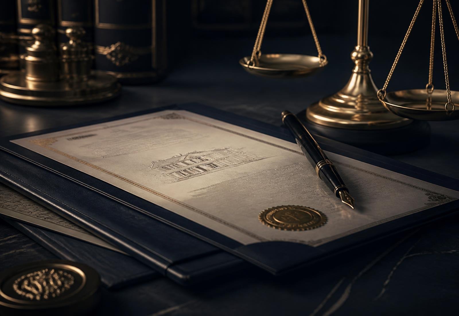 Property title documents, a fountain pen and brass scales of justice on a desk